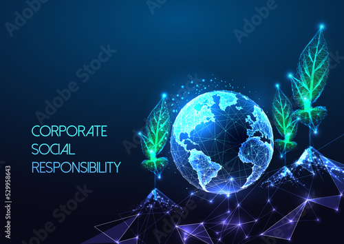 Corporate social responsibility, sustainable agriculture concept with planet Earth and sprout field