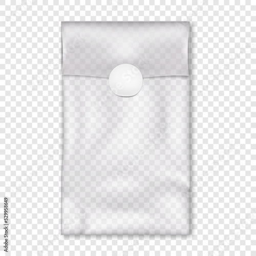 Clear vinyl pouch with white round seal sticker on transparent background vector mock-up. Blank empty fold top plastic bag packaging mockup