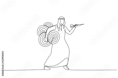 Drawing of confident arab businessman carrying many dartboard target. Metaphor for handling multiple businesses simultaneously, multitasking. Single continuous line art