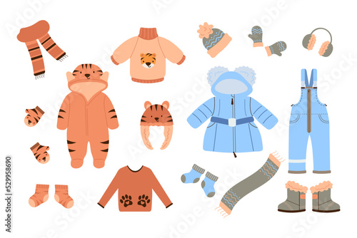 Fototapeta Naklejka Na Ścianę i Meble -  Set of Kids warm autumn and winter Clothes, Accessories. Children Clothes and Accessory for cold weather. Vector illustration.