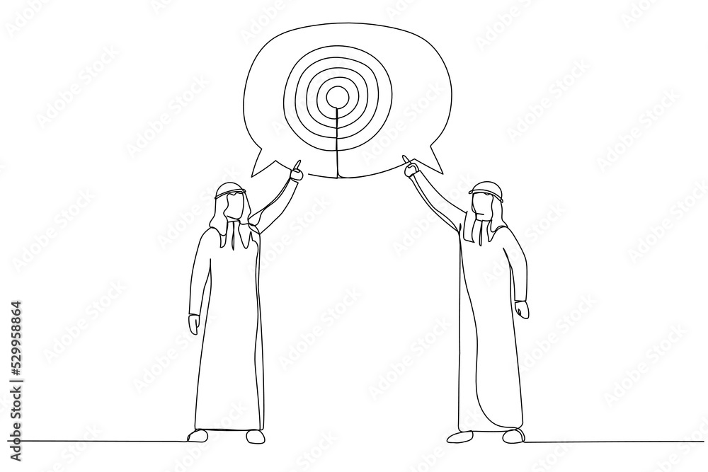 Illustration of two arab businessman talking about target. Single line art style Illustration of two arab businessman talking about target. Single line art style
