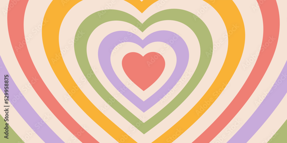 Retro horizontal background of heart shaped tunnel. Rainbow romantic pattern in style 60s, 70s. Pastel colors Retro horizontal background of heart shaped tunnel. Rainbow romantic pattern in style 60s, 70s. Pastel colors