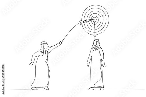 Cartoon of arab businessman Throw a Dart Into Target On Customer Mind. One line art style