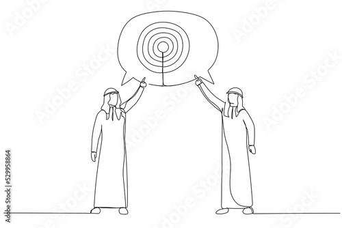 Illustration of two arab businessman talking about target. Single line art style
