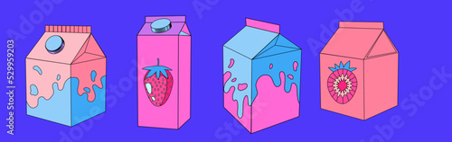 Set of juice packs in pastel colors. Vaporwave and city pop style illustrations for poster or print design.