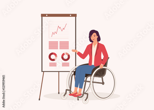 One Smiling Businesswoman Presenting About Statistics With Graphs Shown On Flipchart Board. Full Length. Flat Design Style, Character, Cartoon.