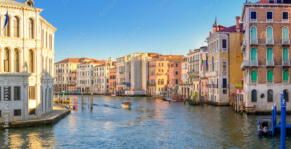 Stunning View of the Grand Canal in Venice, Italy. Summer holidays. Travel concept background.