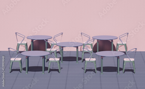 Exterior of outdoor cafe with pink, purple color. The shop has blank sign, table and chairs, coffee street cart. Coffee shop, front of classical style commercial.  3D render for creative social media.