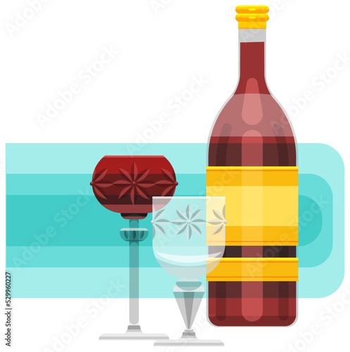 Bottle with glasses. Alcoholic drink. Wine. Beautiful crystal glasses. Objects in the background.