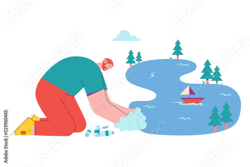 A Guy Wash His Hand in The Lake
