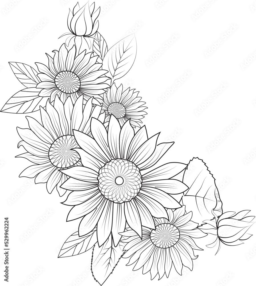 Flowers branch of sunflower Hand drawing  vector illustration Vintage design elements bouquet floral tattooing natural collection leaf with buds isolated coloring pages.