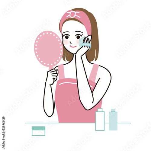 鏡を見ながら笑顔でスキンケアをする女性のベクターイラスト