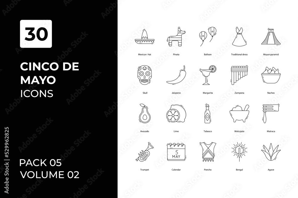 Cinco de mayo icons collection. Set vector line with elements for mobile concepts and web apps. Collection modern icons.