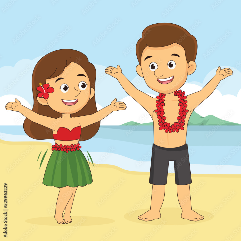 Hawaiian girl in grass skirt dancing and Man Hawaiian girl in grass skirt dancing and Man