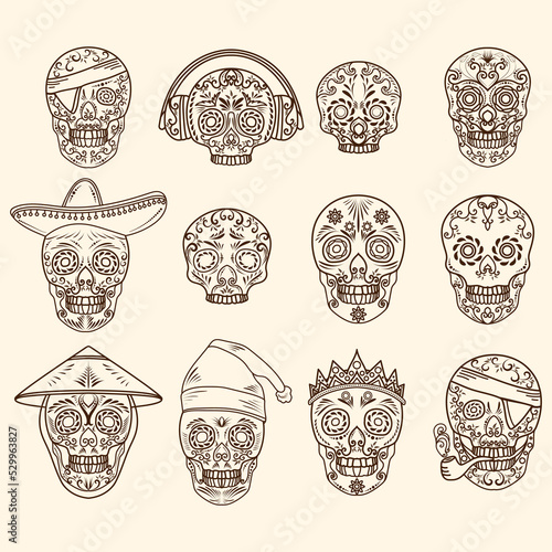 skull line art set for day of the dead