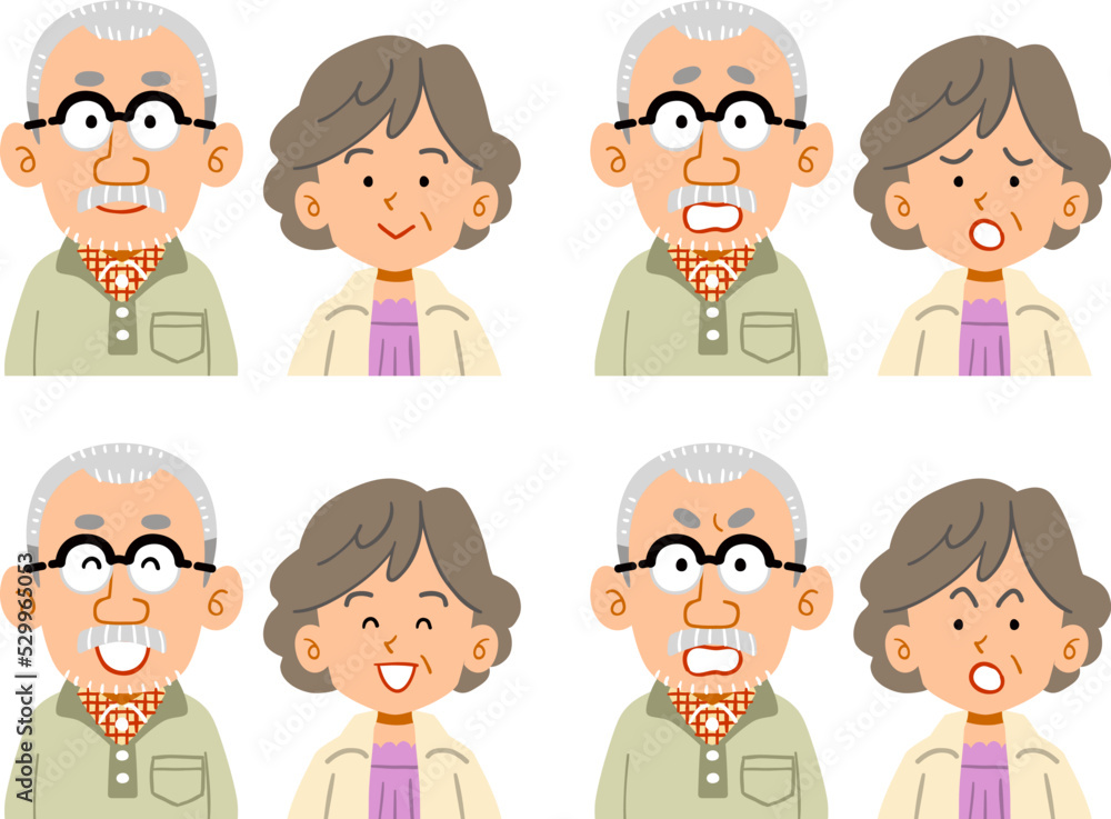 眼鏡をかけた男性と女性のシニア夫婦の表情のセット
