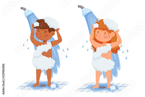 Kids having shower. Girl and boy washing hair and body standing under water. Cartoon female and male characters in soap foam. Everyday morning and evening routine in bathroom vector