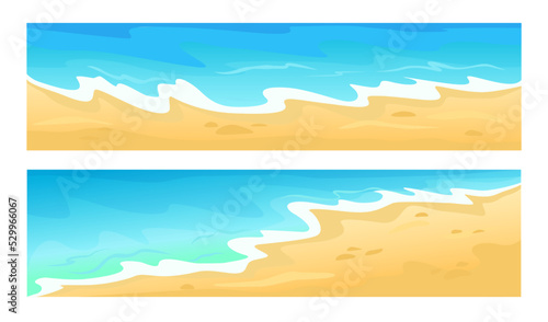 Sea beach coast. Tropical seashore landscape in sunny day. Summer exotic island for vacation. Blue water waves with foam and sand. Summertime coastline with ocean vector illustration