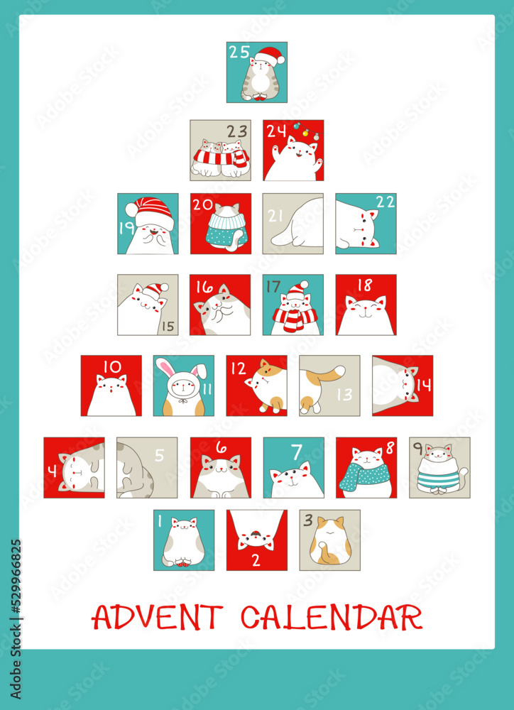 Vertical background with Christmas advent calendar with cute cartoon cats. Set of winter holiday xmas tags with numbers. Vector illustration EPS8