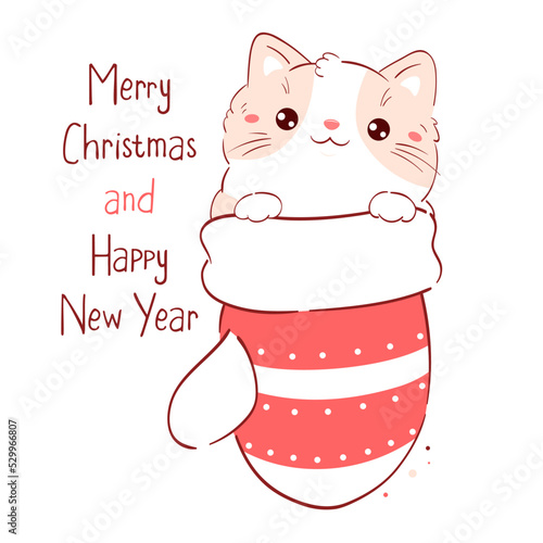 Cute Christmas card with cat in mitten. Lovely kitty with congratulating xmas card. Inscription Merry Christmas and Happy New Year. Vector illustration EPS8