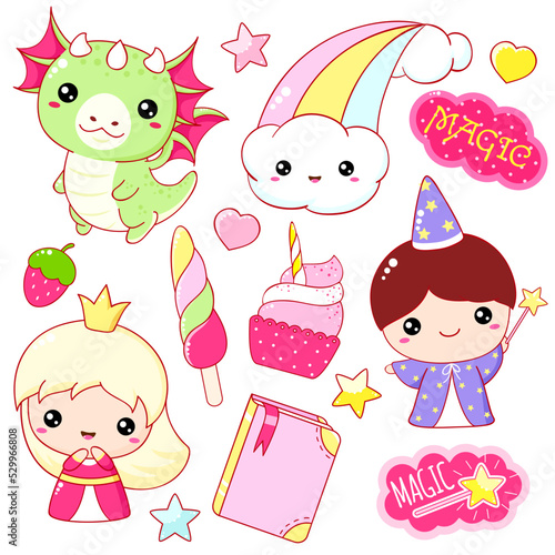 Set of kawaii fairy tale characters. Little princess, wizard, dragon, cupcake, ice cream, book, rainbow. Cute fairytale collection of funny happy baby characters. Vector illustration EPS8