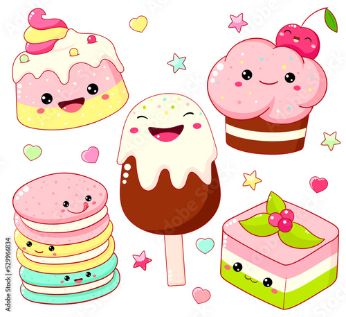 Set of cute sweet desserts in kawaii style with smiling face and pink cheeks for sweet design. Cake, muffin, cupcake, ice cream, macaroons. Vector illustration EPS8
