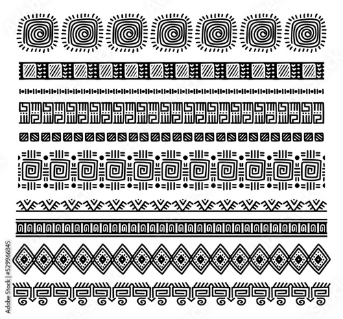 Tribal african seamless brushes. Hand drawn ornamental border. Ancient dividers isolated on white set. Creative traditional motif, geometrical art shapes design vector illustration collection