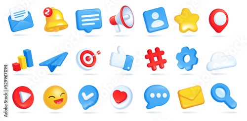 3d social media icons. Envelope with email message, bell for notification, megaphone, speech bubbles for comments. Marketing and networking sites isolated icons for communication vector illustration