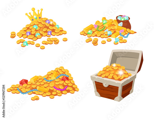 Golden coins heap cartoon. Wooden pirate chest with jewelry and money. Gold treasure, sack with gemstones. Antique open pirate box for game. Shiny luxury elements isolated on white vector illustration