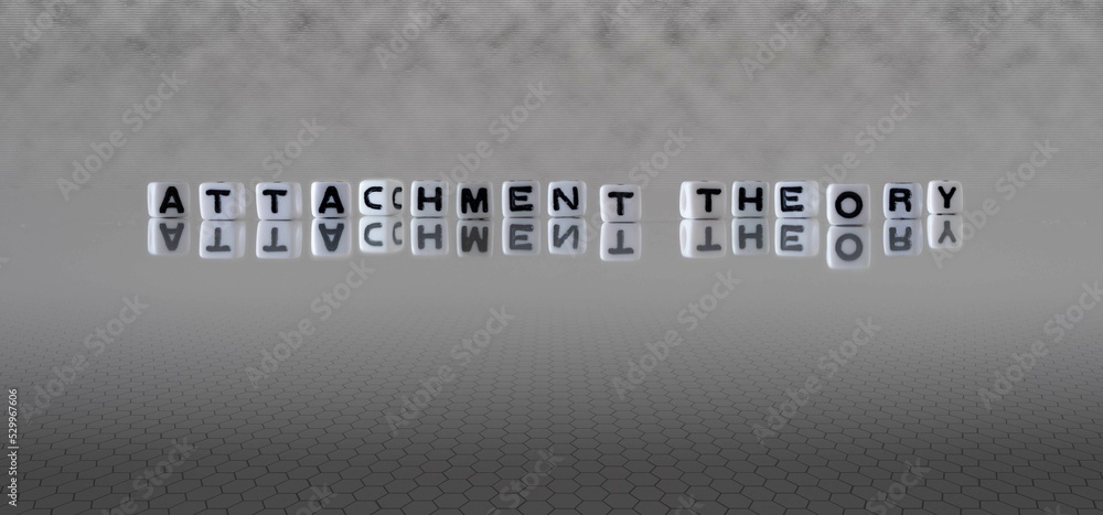 attachment theory word or concept represented by black and white letter cubes on a grey horizon background stretching to infinity - obrazy, fototapety, plakaty 