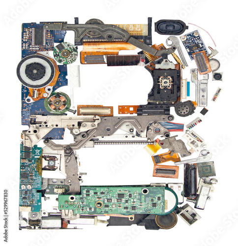the letter B made up of  lots of electronic  parts 