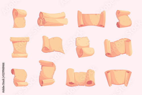 Cartoon scrolls. Ancient egypt papyrus paper roll, vintage parchment manuscript certificate treasure map for 2d game design. Vector isolated set. Historical document or treasure map