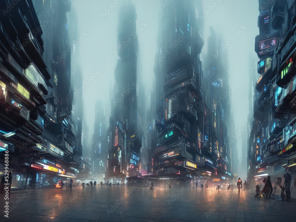 Cyberpunk evening cityscape with huge skyscrapers and neon lights. Street of a futuristic city in a haze. Gloomy urban scene. City of a future. 3D illustration