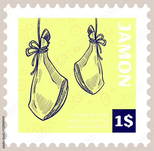 Jamon dry cured ham produced in Spain, postmark