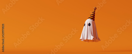 Fotografie, Obraz Halloween ghost with party hat on orange background. 3d rendering