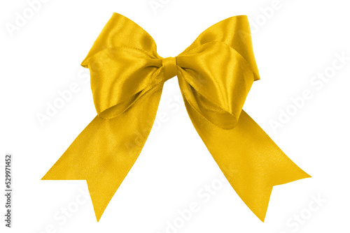 Shiny golden yellow satin ribbon with bow isolated on a transparent background.
