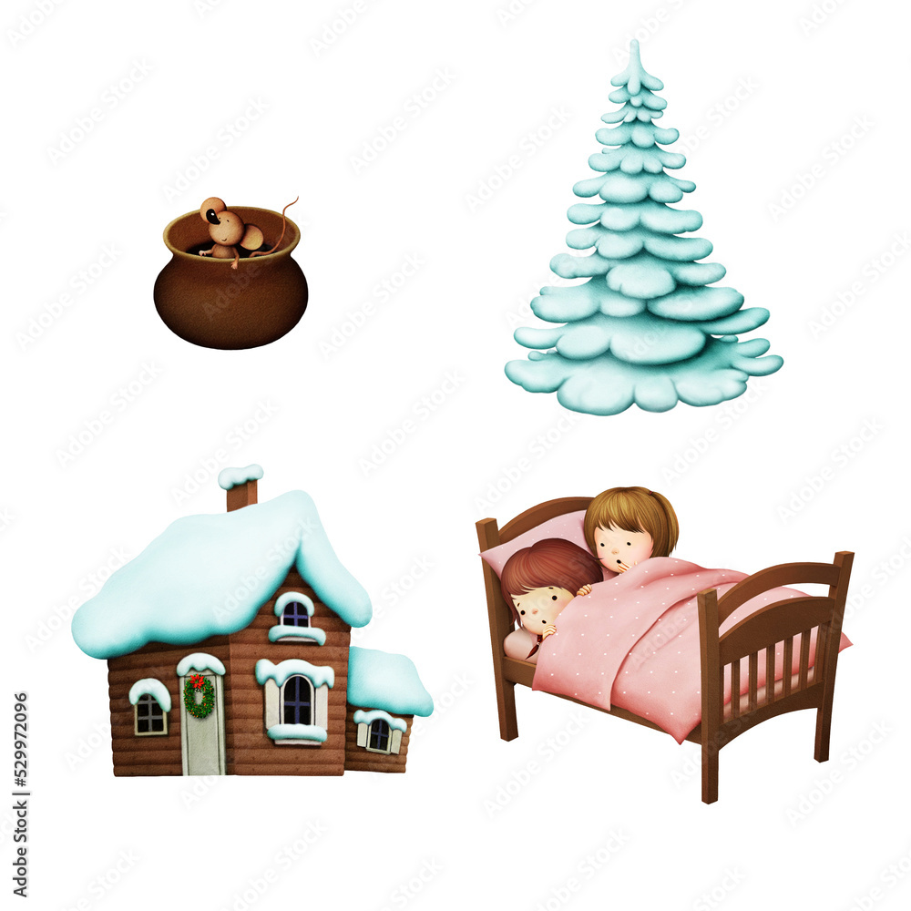 Obraz premium Set collection of Christmas or New Year elements on transparent layer fairy tale story kids at home on winter holiday weekendв