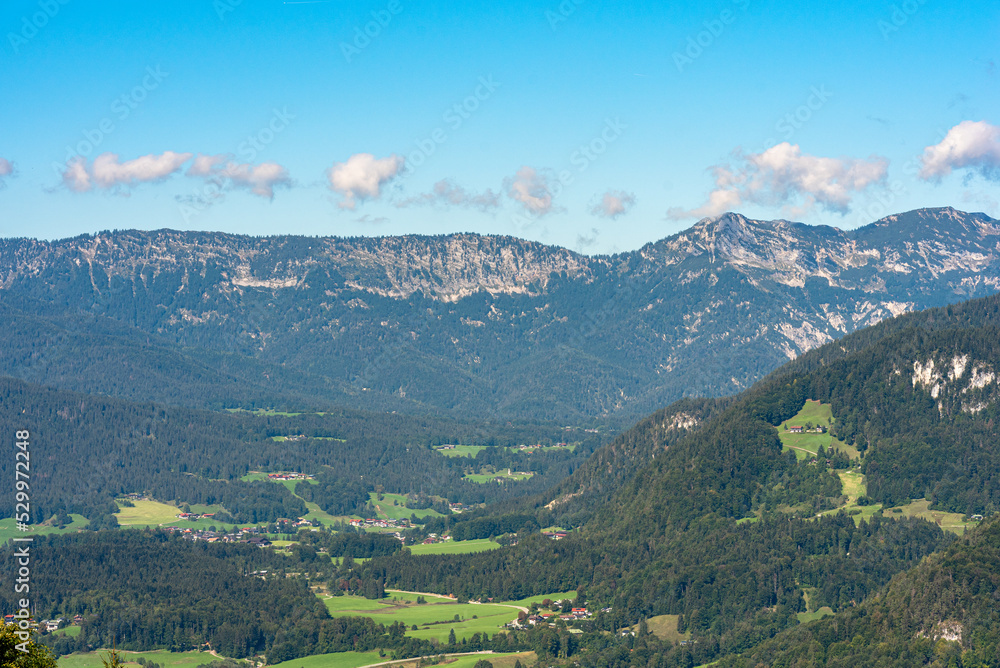 Berchtesgaden Alps with the Latten Mountains and view into the valley of Bischofswiesen, the Northern Limestone Alps, named after the market town of Berchtesgaden located in the center