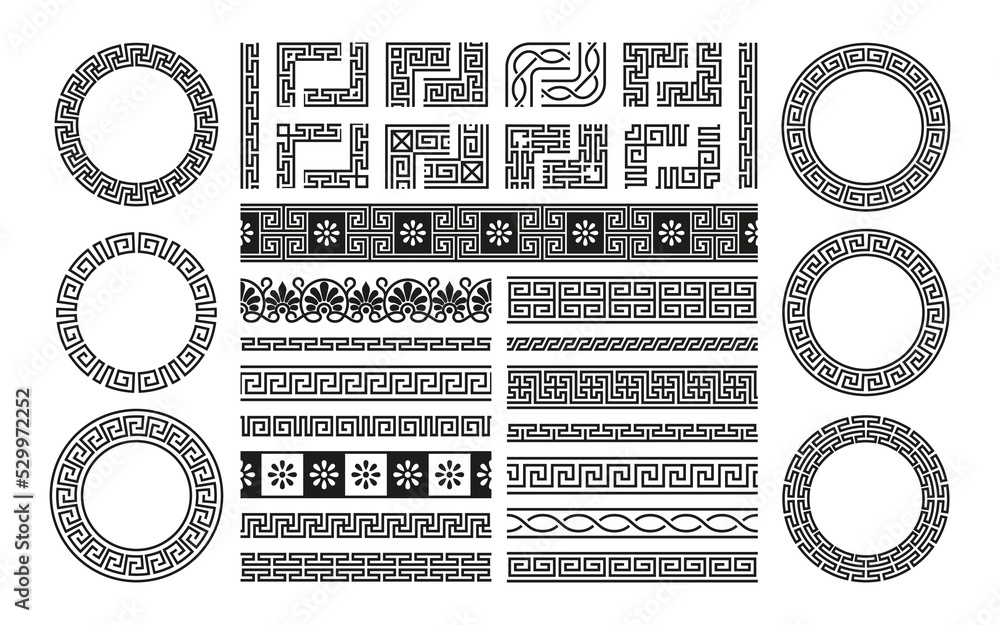 Fototapeta premium Greek border collection. Decorative antique roman geometric ornament, classical fancy frame mediterranean style. Vector isolated set. Round ethnic frames and corners for decoration