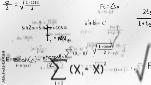 Animation of typing mathematics and physics formulas in abstract digital space. White on background seamless looping