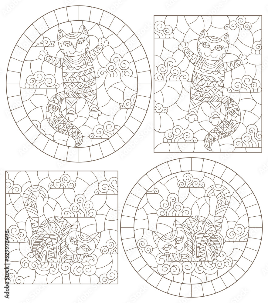 Set of contour illustrations of stained glass Windows with cute cartoon cats on a cloud background, dark contours on a white background Set of contour illustrations of stained glass Windows with cute cartoon cats on a cloud background, dark contours on a white background