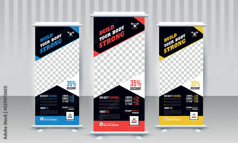 Vecteur Stock Build your body strong Fitness gym business standee roll up  banner design with three color variants red yellow blue vector template |  Adobe Stock