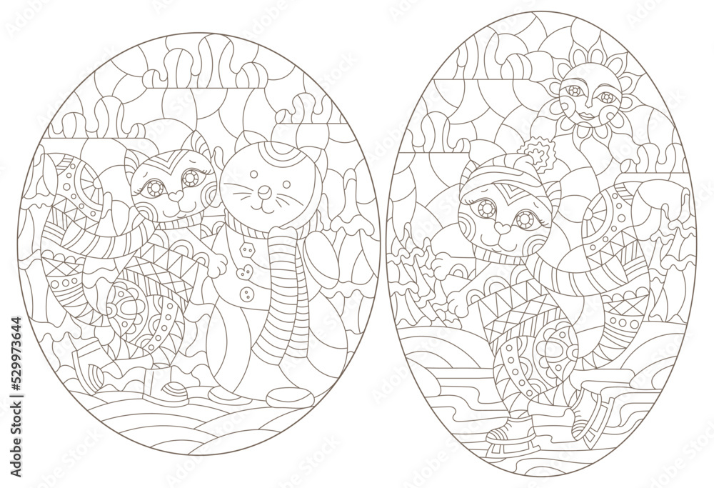 Obraz premium Set of contour illustrations in a stained glass style with cute cartoon kittens on a winter landscape background, dark outlines on a white background