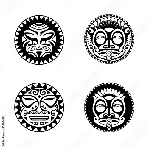 Polynesian sun face maori tattoo style.  Pattern aboriginal samoan. Black and white texture, isolated vector.