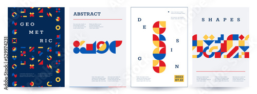 Posters with geometric shapes. Minimal bauhas geometry forms, modern primitive simple elements for flyer cover design. Vector brutalism set. Colorful figures in futuristic composition
