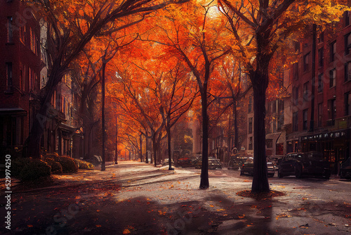 autumn in the city, beautiful autumn park scene, calm nature colorful warm background, digital illustration, digital painting, cg artwork, realistic illustration
