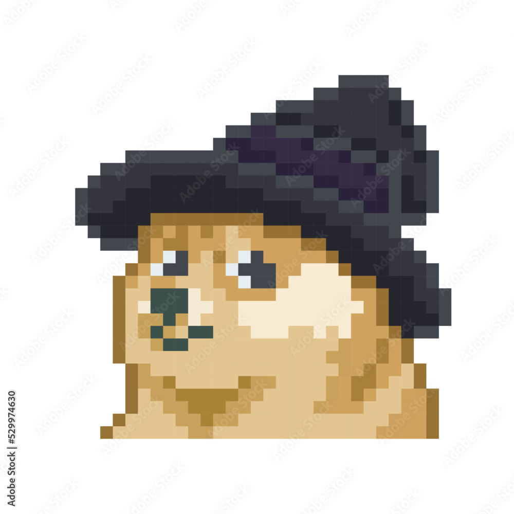 illustration doge dog with hat, cartoon pixel art