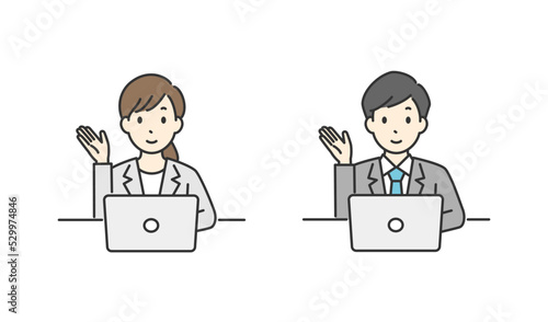 パソコンを使用している会社員の案内をしているポーズのイラスト