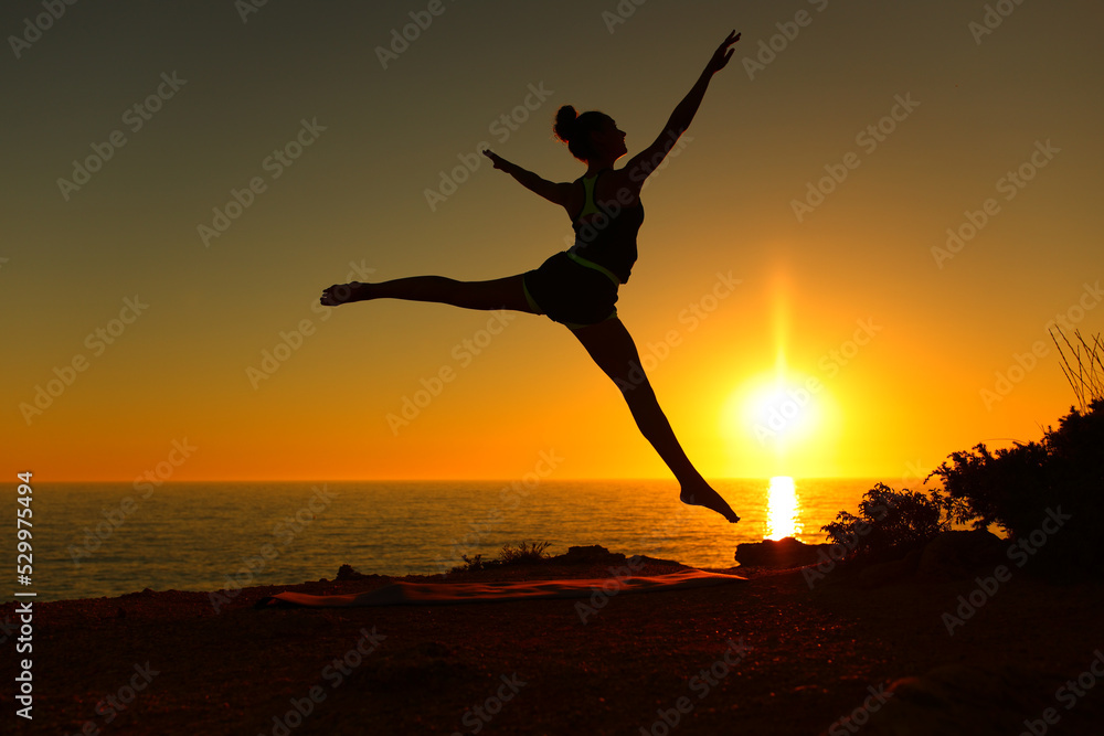 Silhouette of a ballerina dancing ballet at sunset