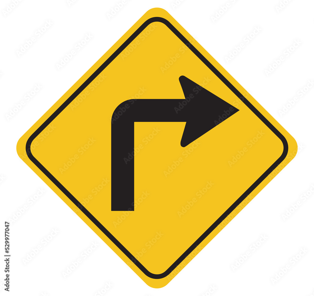Turn right sign. Yellow road right sign on white background. Turn right sign. Yellow road right sign on white background.